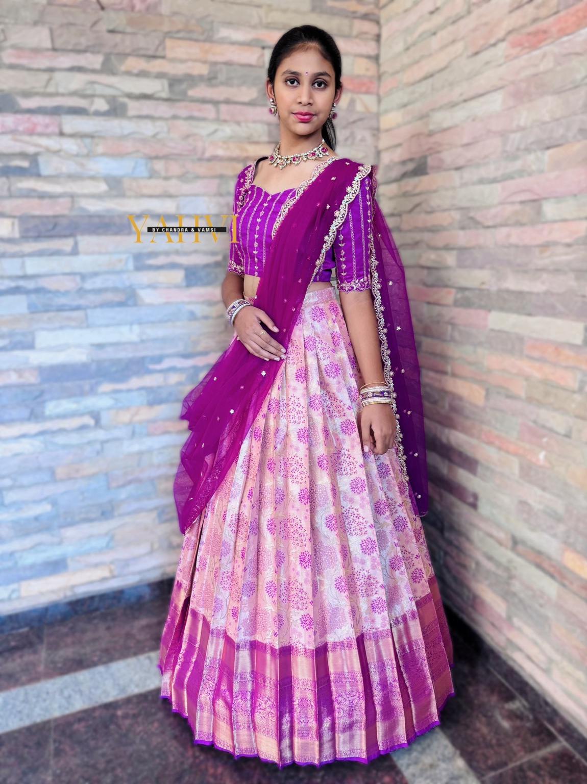 Floral Blush Kanchi Pattu Half Saree with Embroidered Blouse Set - Image 8