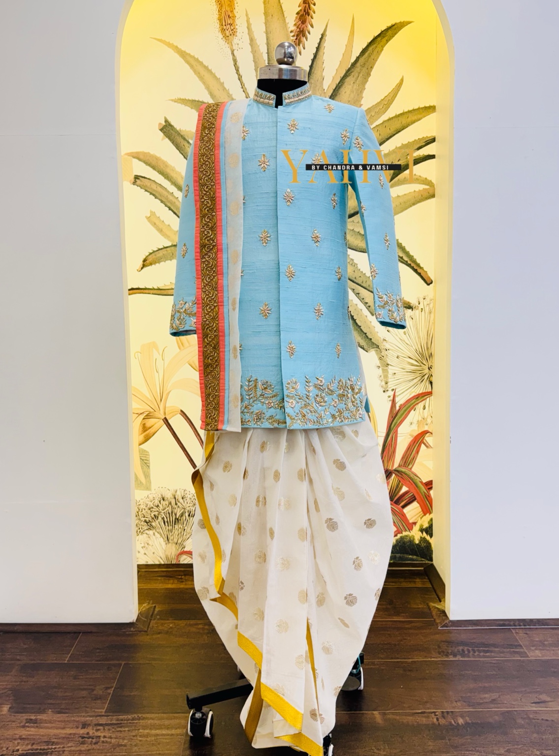 Sky Blue Embroidered Sherwani with Chanderi Silk Dhoti & Dupatta Set - Image 13