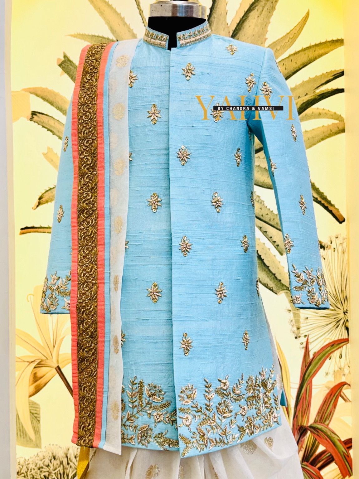 Sky Blue Embroidered Sherwani with Chanderi Silk Dhoti & Dupatta Set - Image 14