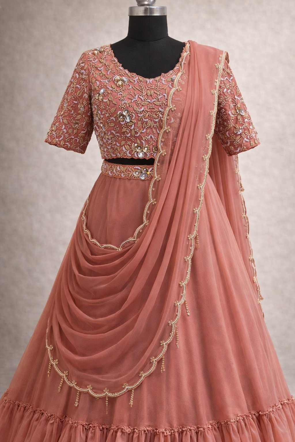 Elegant Blush Peach Embroidery Lehenga Ensemble