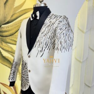 Ivory Crystal Embellished Tuxedo Blazer