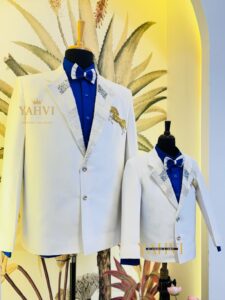 Royal White & Sapphire Father-Son Embroidered Blazer Set