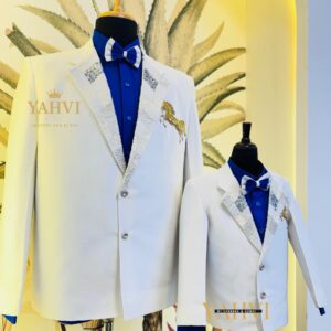 Royal White & Sapphire Father-Son Embroidered Blazer Set