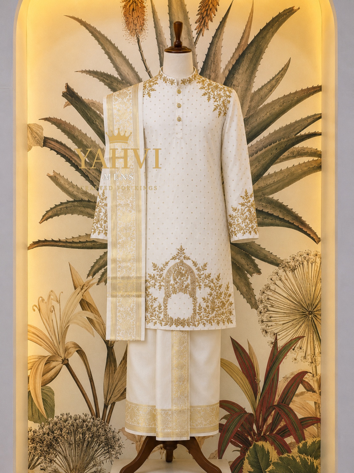 Ivory Hand-Embroidered Pattu Kurta, Vesti & Kanduva Set