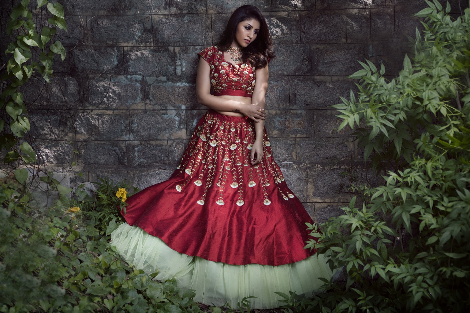 Crimson Bloom Hand-Embroidered Lehenga Set