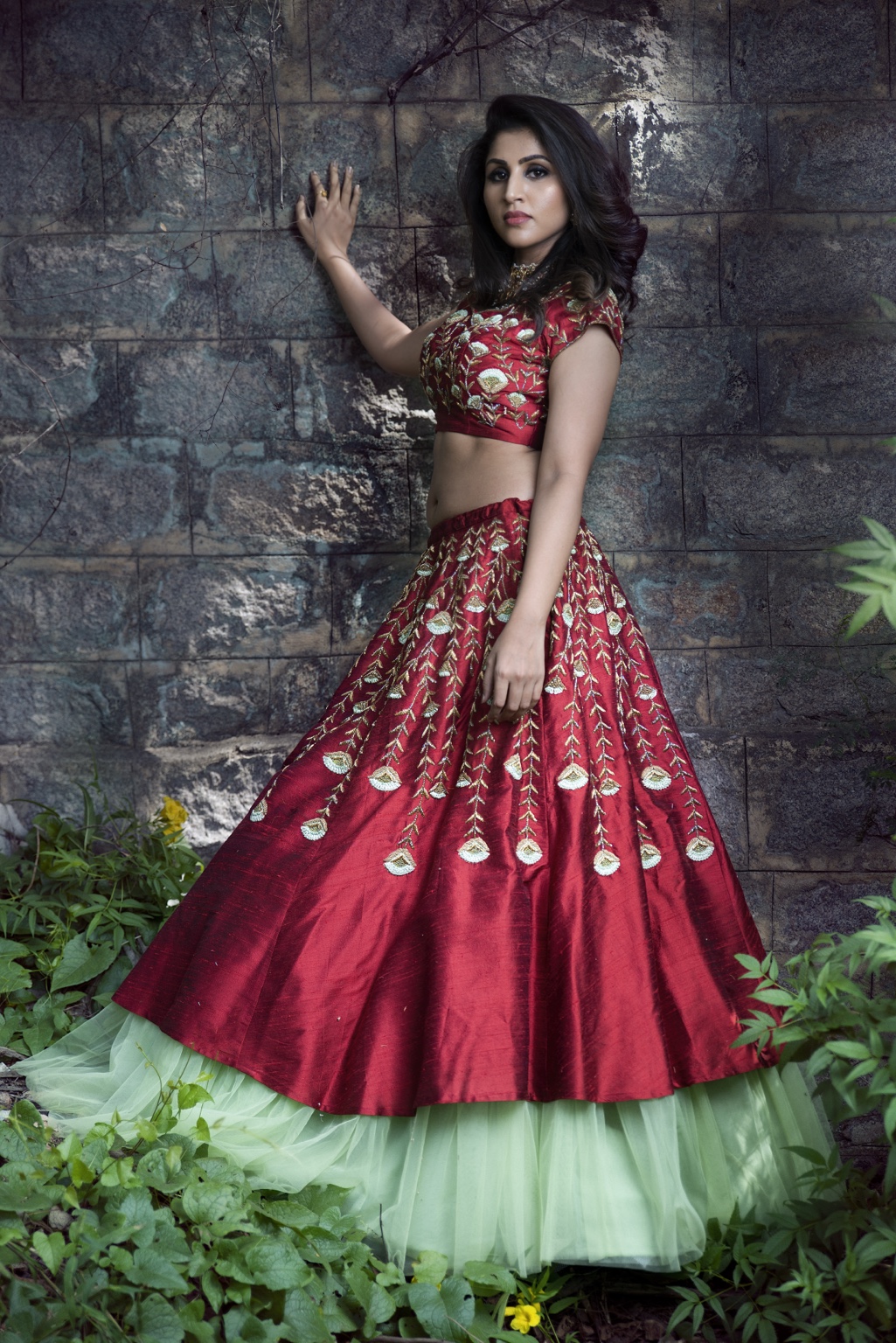 Crimson Bloom Hand-Embroidered Lehenga Set - Image 3