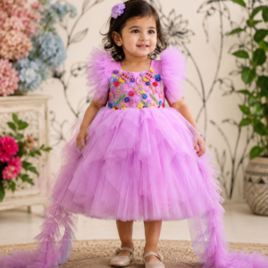 Lilac Butterfly Garden Hand-Embroidered Party Frock