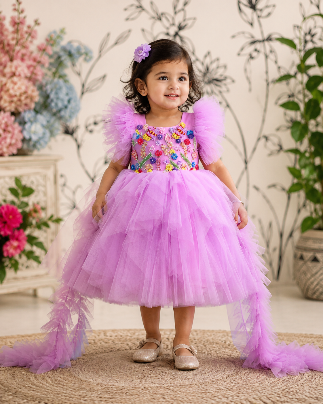 Lilac Butterfly Garden Hand-Embroidered Party Frock