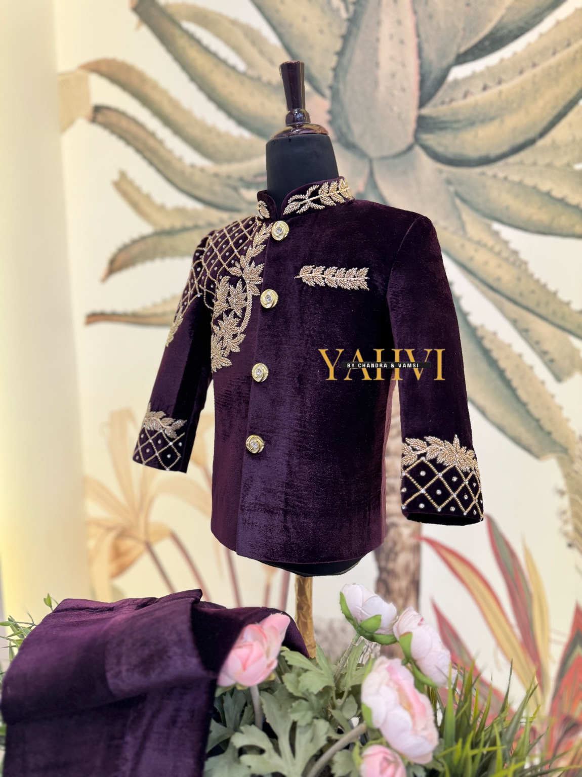 Royal Plum Velvet Jodhpuri Suit - Image 3