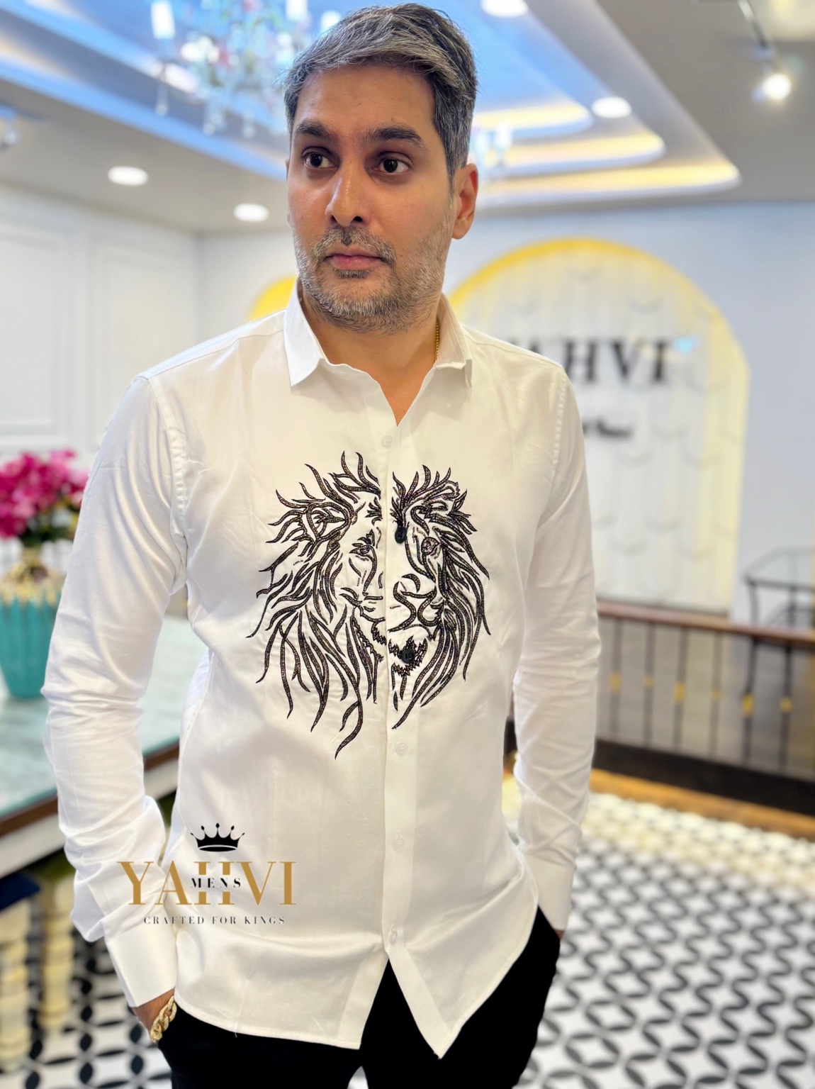 Royal Lion Hand-Embroidered Cotton Shirt
