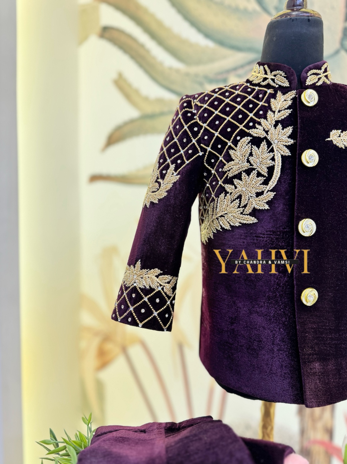 Royal Plum Velvet Jodhpuri Suit - Image 4