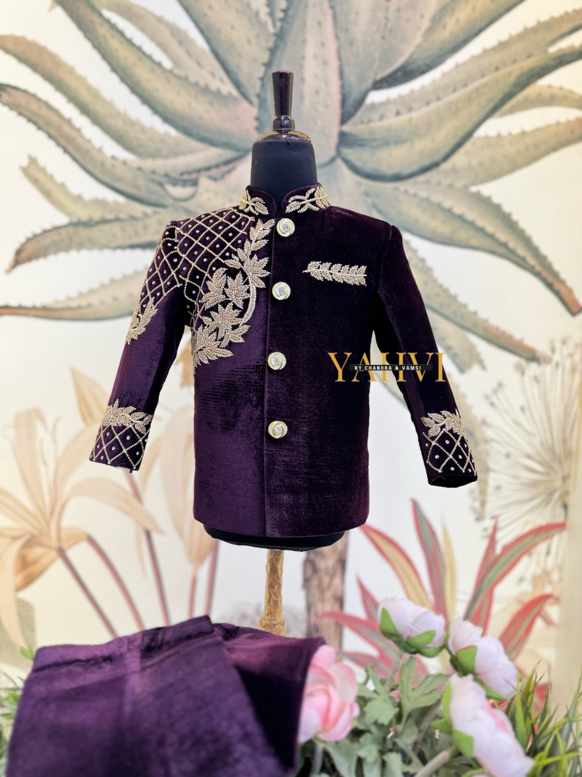 Royal Plum Velvet Jodhpuri Suit - Image 5