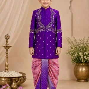 Royal Orchid Hand-Embroidered Sherwani with Peacock Weaving Dhoti Set