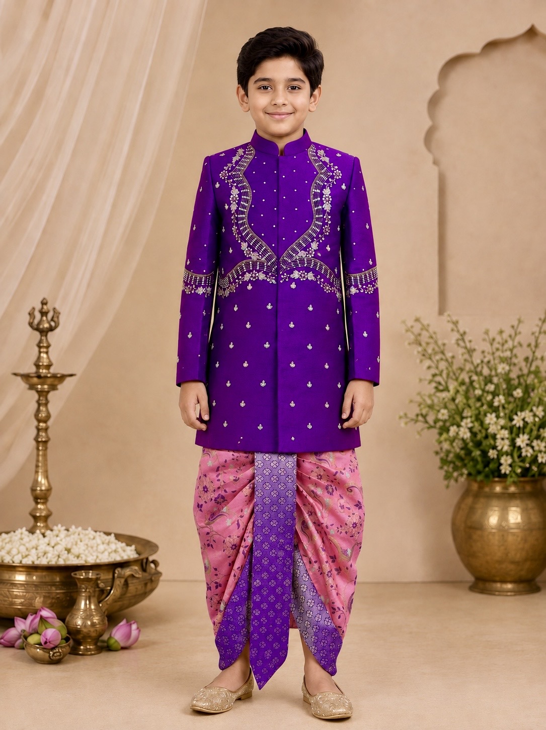 Royal Orchid Hand-Embroidered Sherwani with Peacock Weaving Dhoti Set