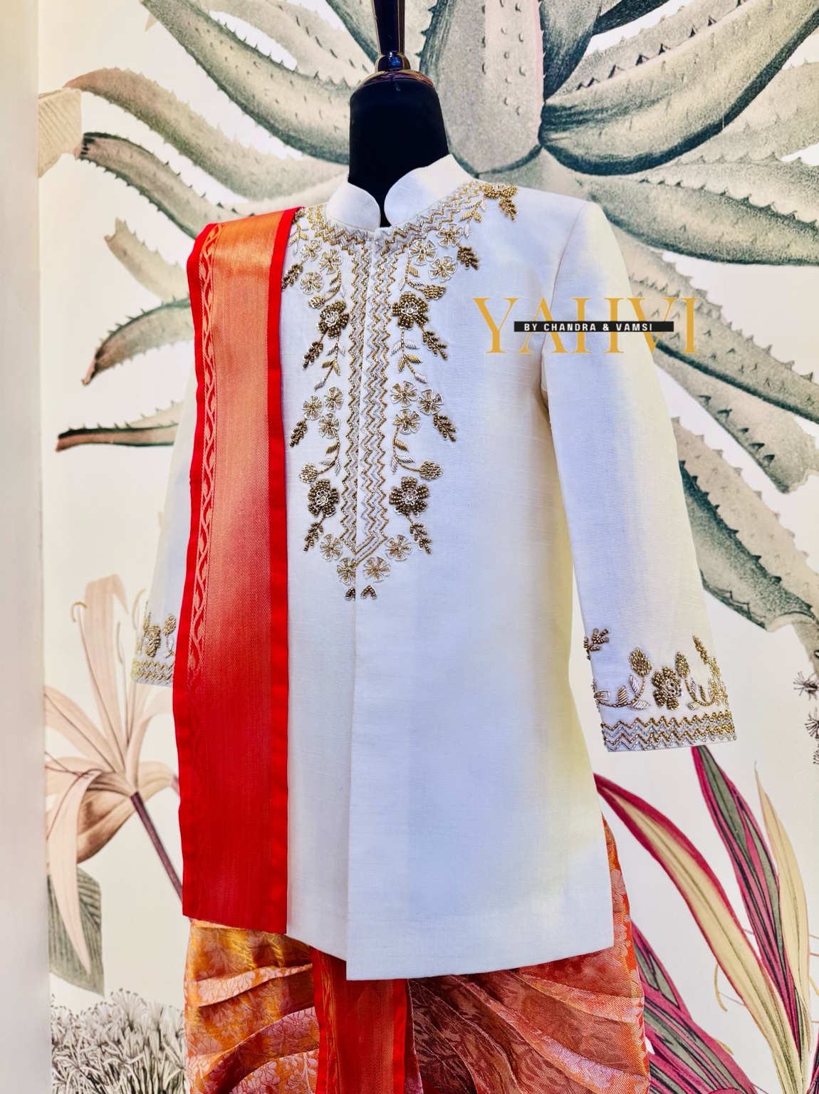 Ivory Hand Embroidered Sherwani with Paithani Dhoti & Zari Kanduva - Image 4