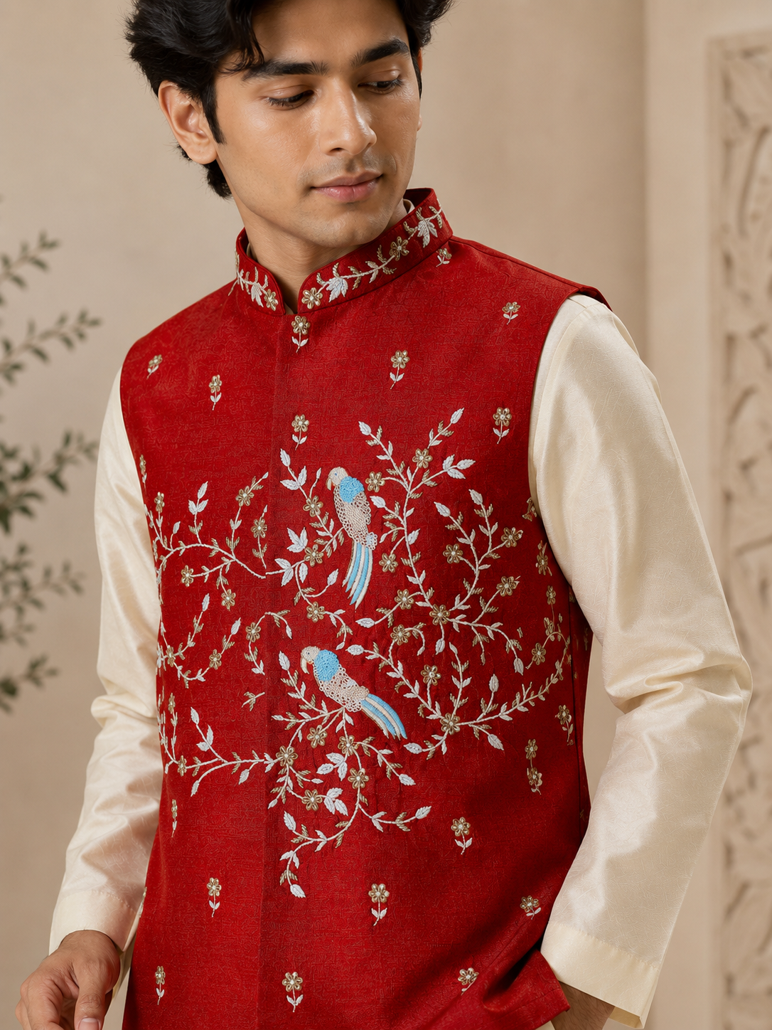 Scarlet Bird Hand-Embroidered Raw Silk Modi Jacket Set - Image 5