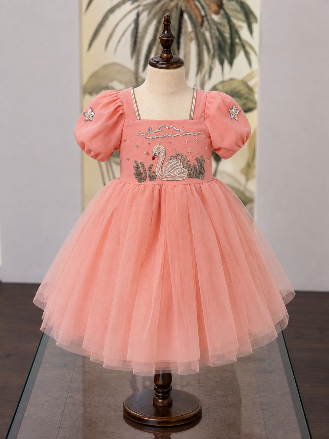 Swan Serenity Peach Hand-Embroidered Micronet Frock - Image 5