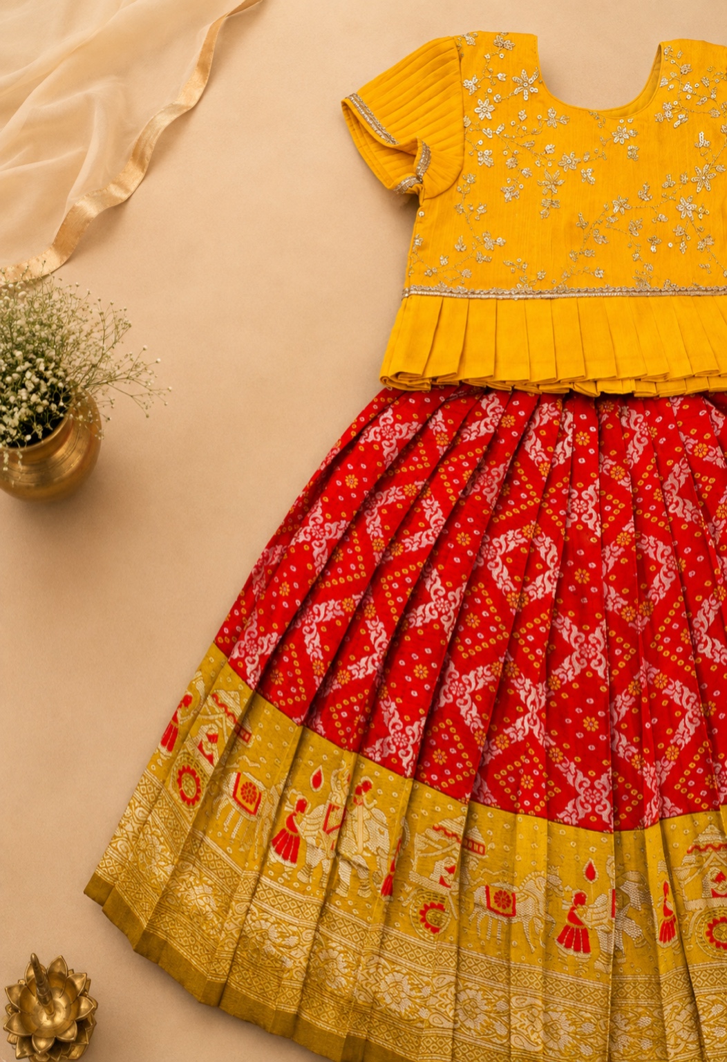Yellow-Red Bandhini Designer Lehanga - Image 3