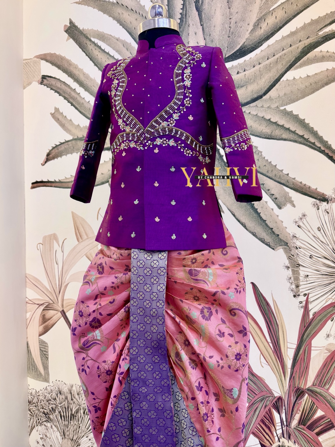 Royal Orchid Hand-Embroidered Sherwani with Peacock Weaving Dhoti Set - Image 6