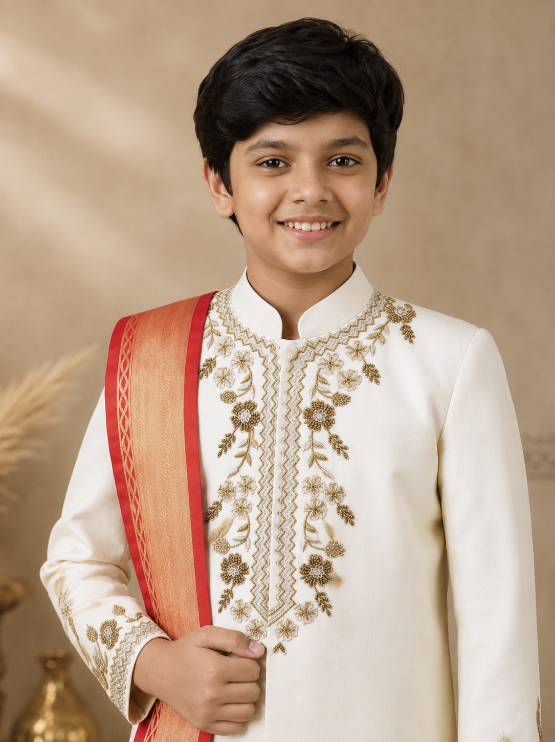 Ivory Hand Embroidered Sherwani with Paithani Dhoti & Zari Kanduva - Image 5