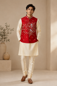 Scarlet Bird Hand-Embroidered Raw Silk Modi Jacket Set