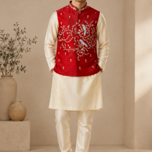 Scarlet Bird Hand-Embroidered Raw Silk Modi Jacket Set