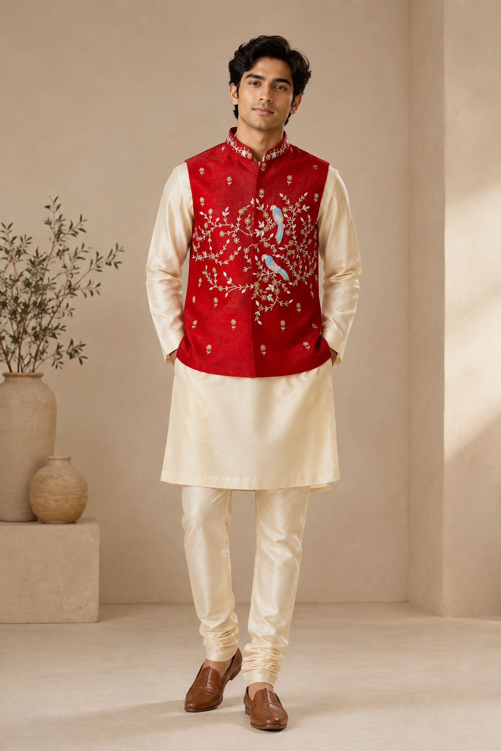 Scarlet Bird Hand-Embroidered Raw Silk Modi Jacket Set