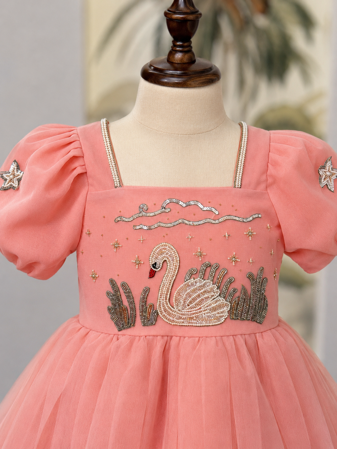 Swan Serenity Peach Hand-Embroidered Micronet Frock - Image 6