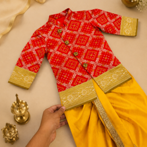 Royal Red - Yellow Bandhini Sherwani & Dothi Set