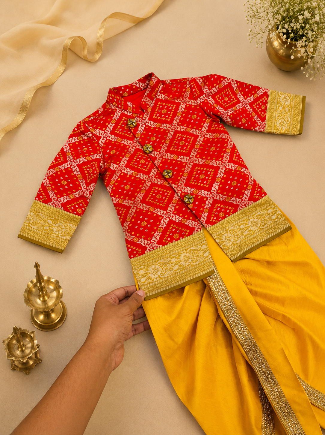 Royal Red - Yellow Bandhini Sherwani & Dothi Set