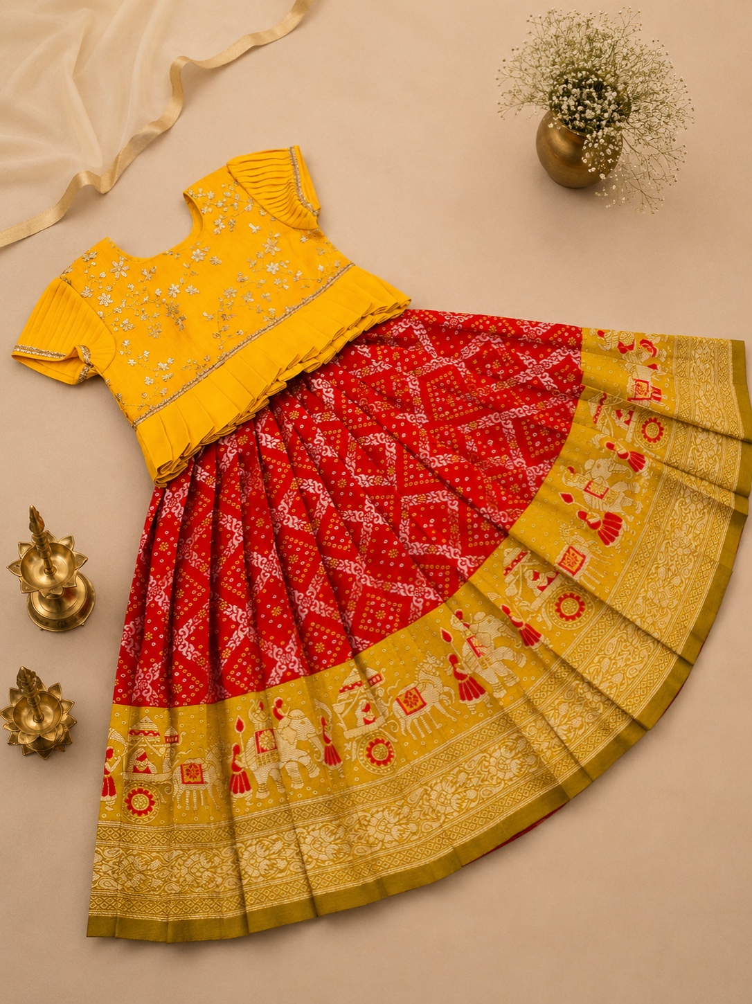 Yellow-Red Bandhini Designer Lehanga - Image 2