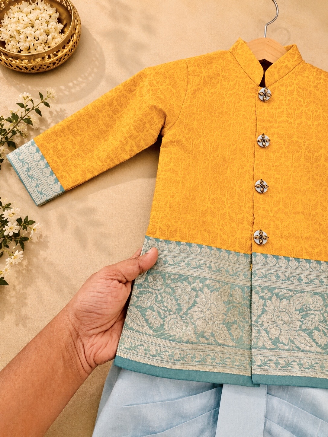 Ready to Ship – Mustard & Sky Blue Pattu Dhoti Set - Image 4