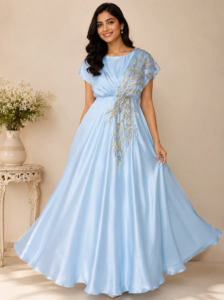 A graceful powder blue satin gown