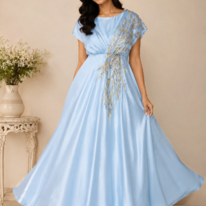 A graceful powder blue satin gown