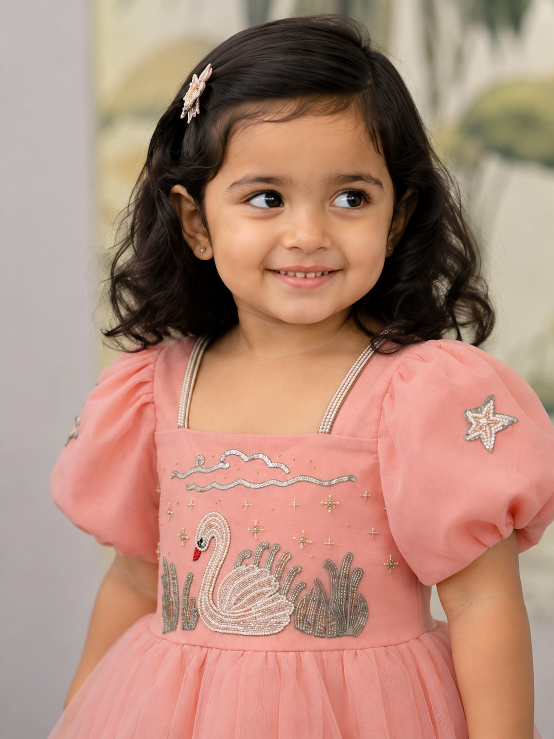 Swan Serenity Peach Hand-Embroidered Micronet Frock - Image 3