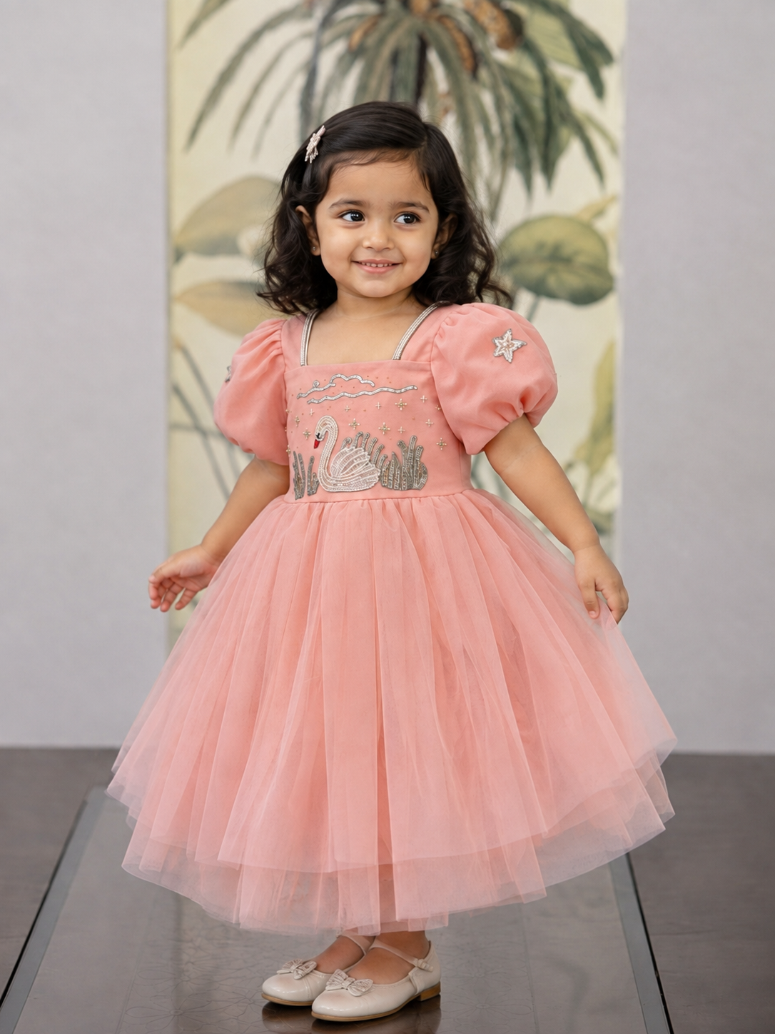 Swan Serenity Peach Hand-Embroidered Micronet Frock - Image 4