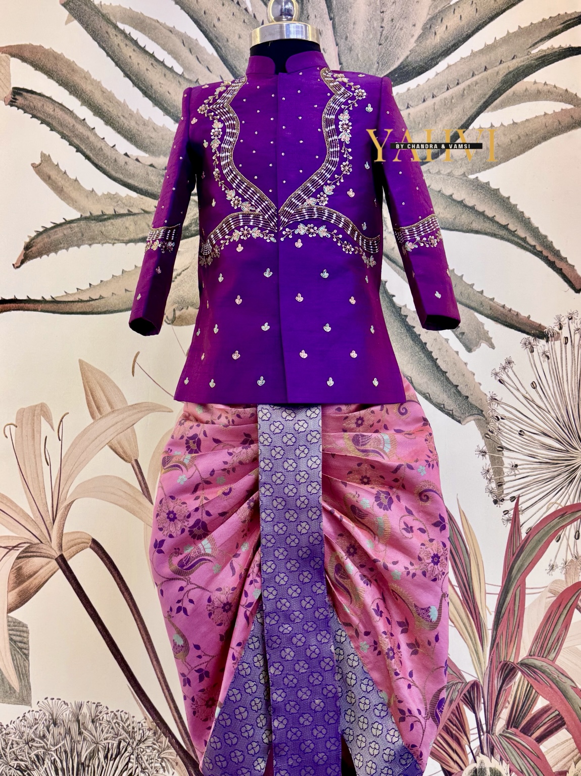 Royal Orchid Hand-Embroidered Sherwani with Peacock Weaving Dhoti Set - Image 4