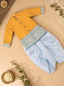 Ready to Ship – Mustard & Sky Blue Pattu Dhoti Set