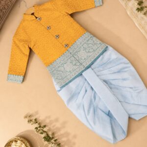 Ready to Ship – Mustard & Sky Blue Pattu Dhoti Set