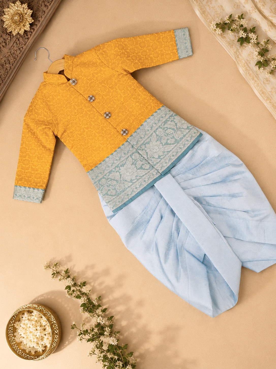 Ready to Ship – Mustard & Sky Blue Pattu Dhoti Set