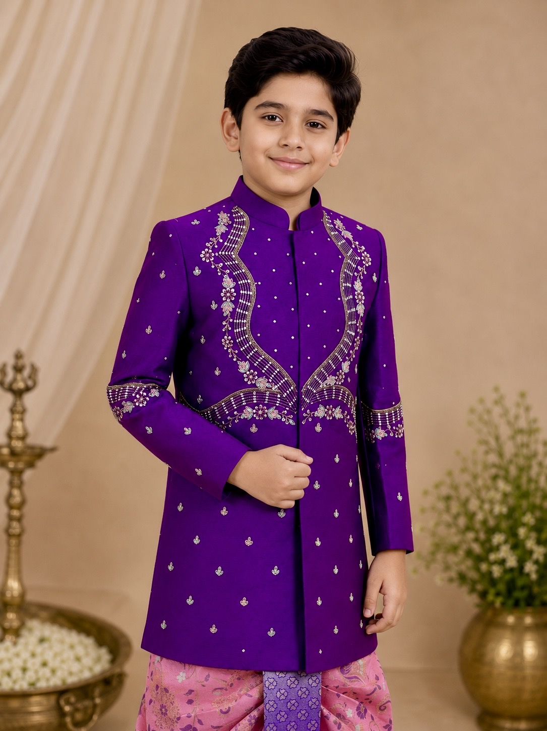 Royal Orchid Hand-Embroidered Sherwani with Peacock Weaving Dhoti Set - Image 3