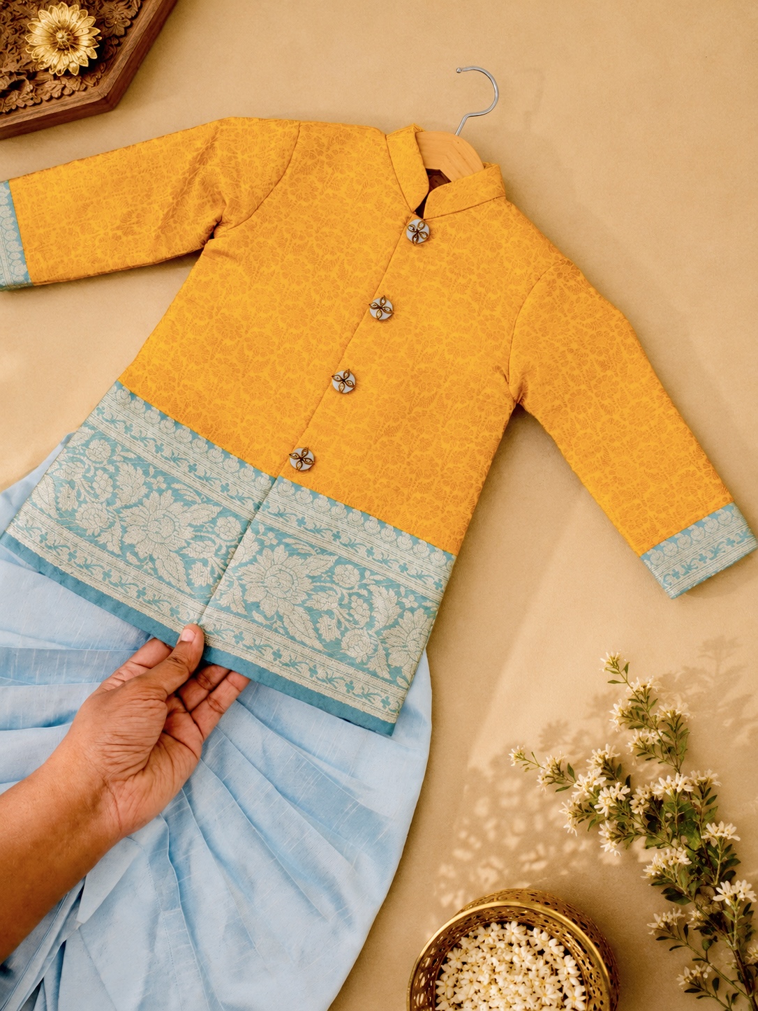 Ready to Ship – Mustard & Sky Blue Pattu Dhoti Set - Image 2