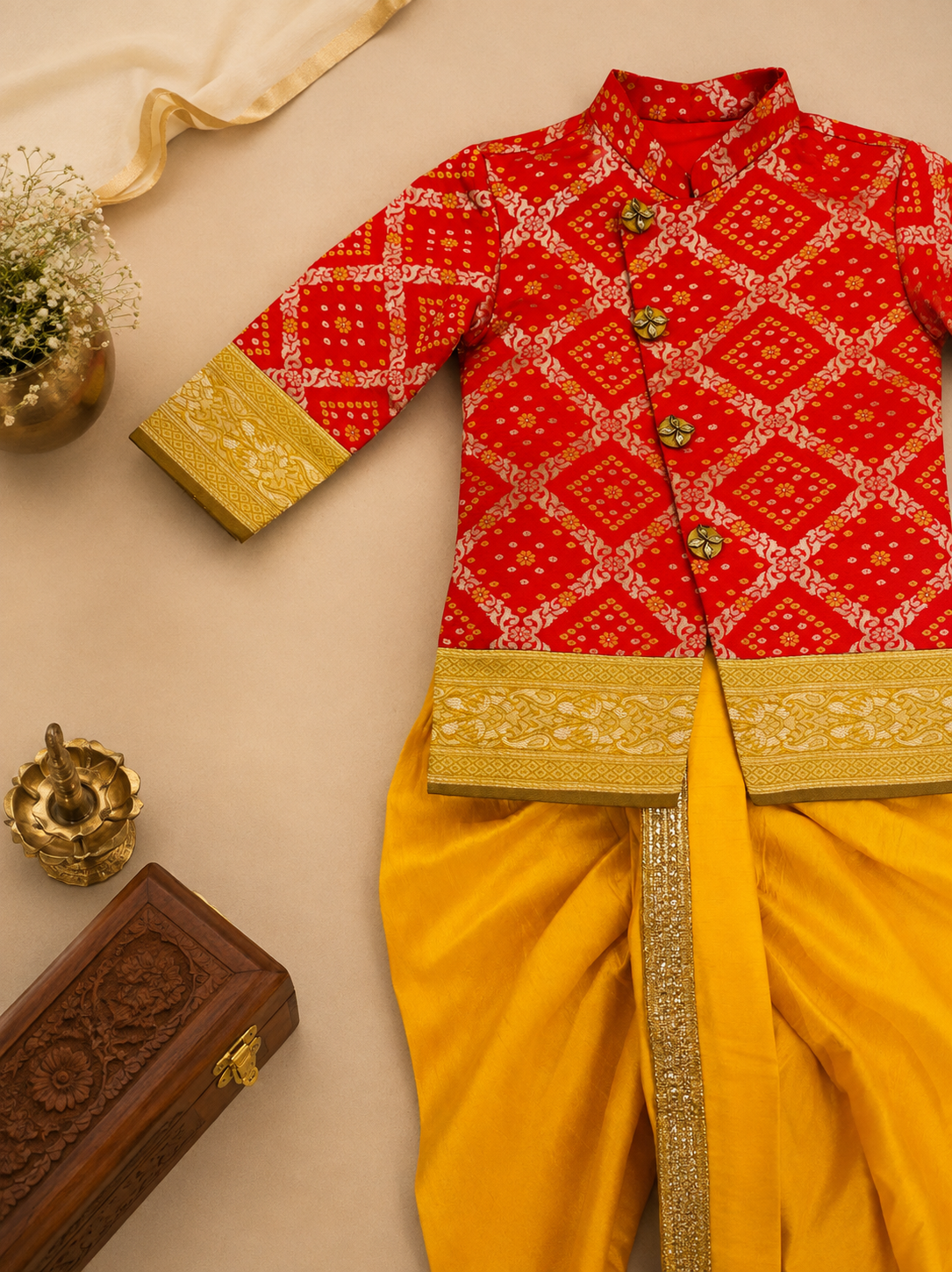 Royal Red - Yellow Bandhini Sherwani & Dothi Set - Image 4