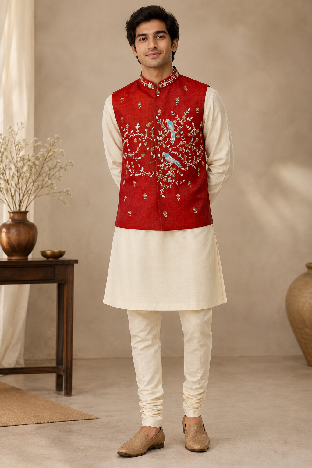 Scarlet Bird Hand-Embroidered Raw Silk Modi Jacket Set - Image 4