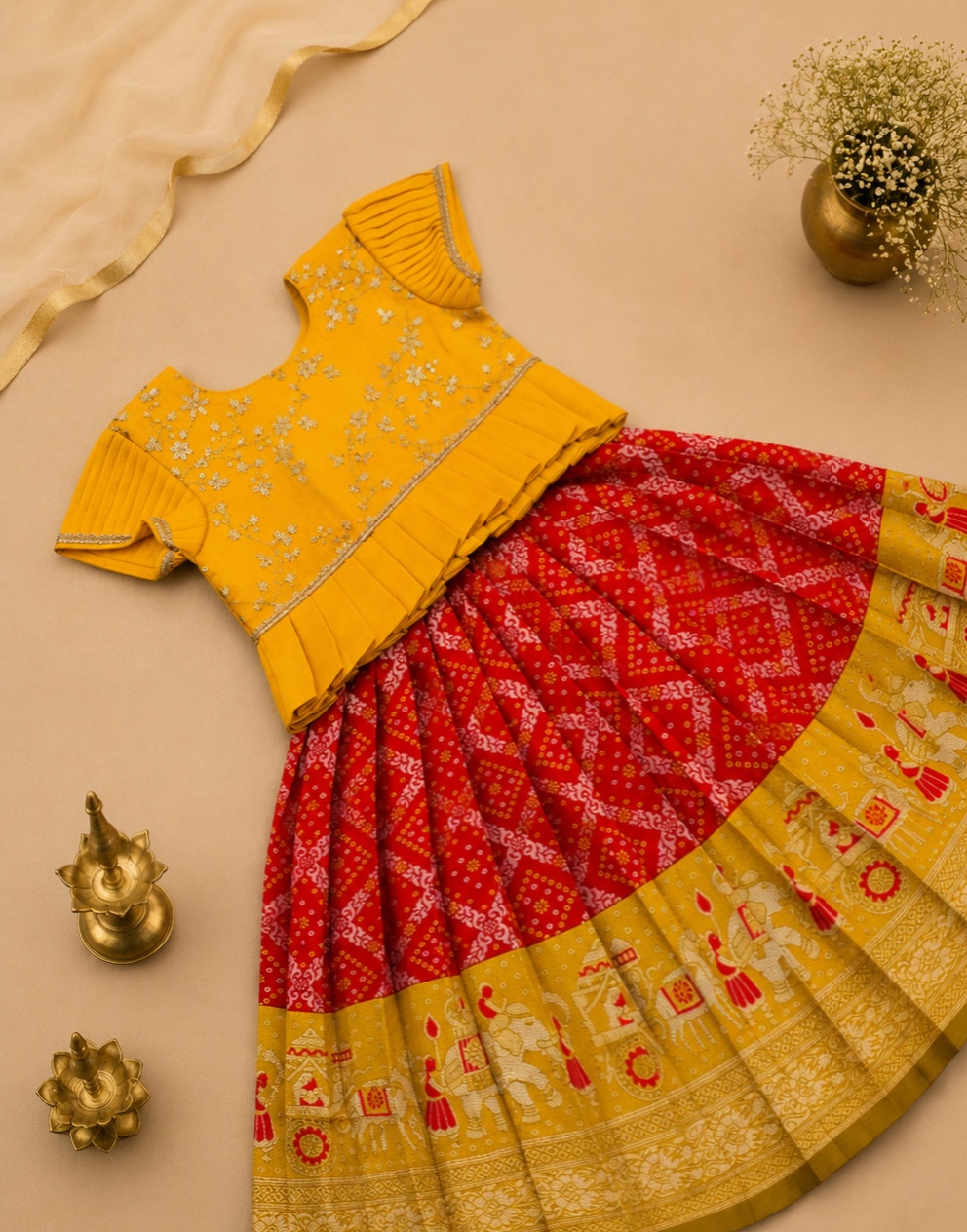 Yellow-Red Bandhini Designer Lehanga