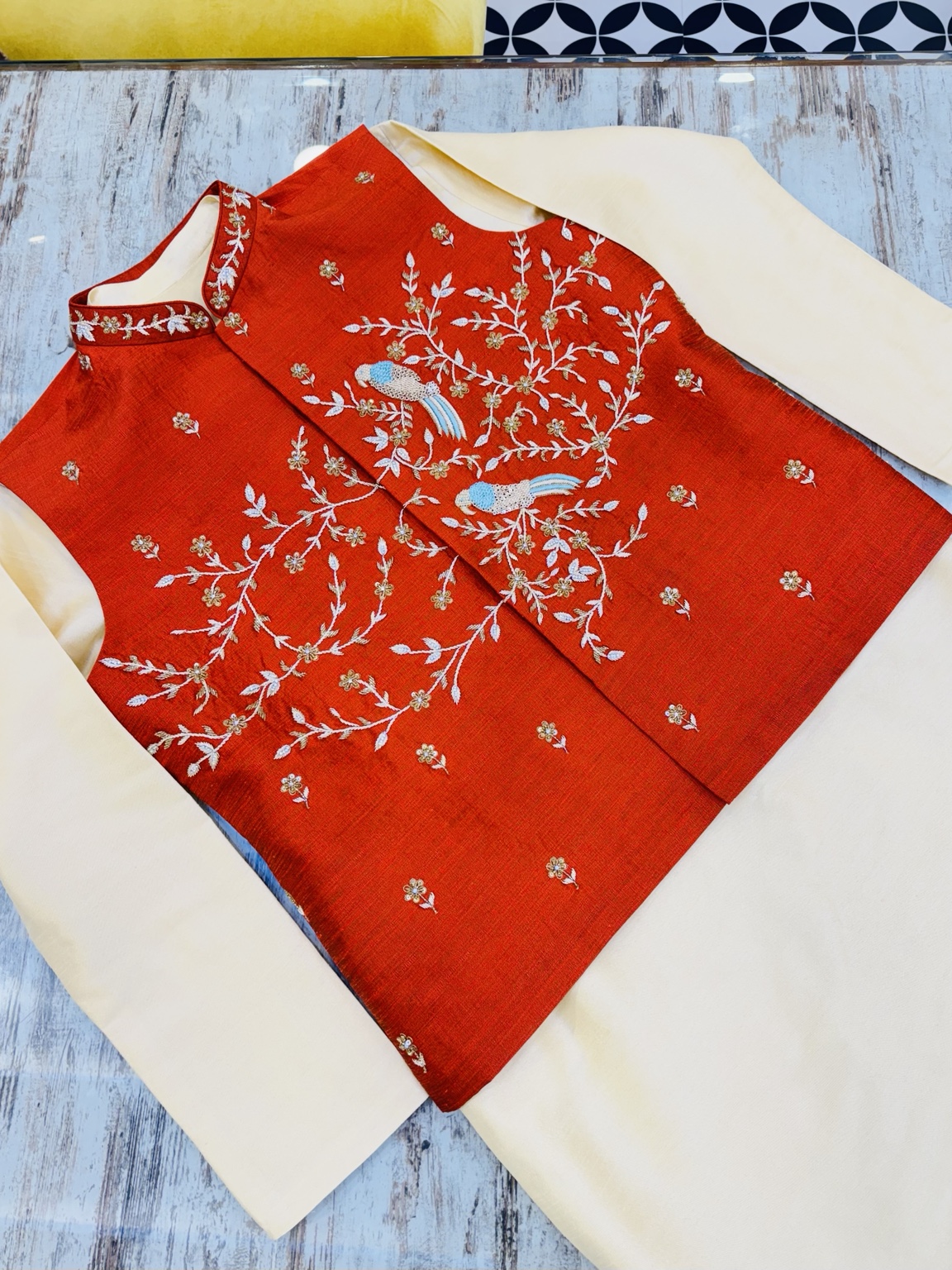 Scarlet Bird Hand-Embroidered Raw Silk Modi Jacket Set - Image 3