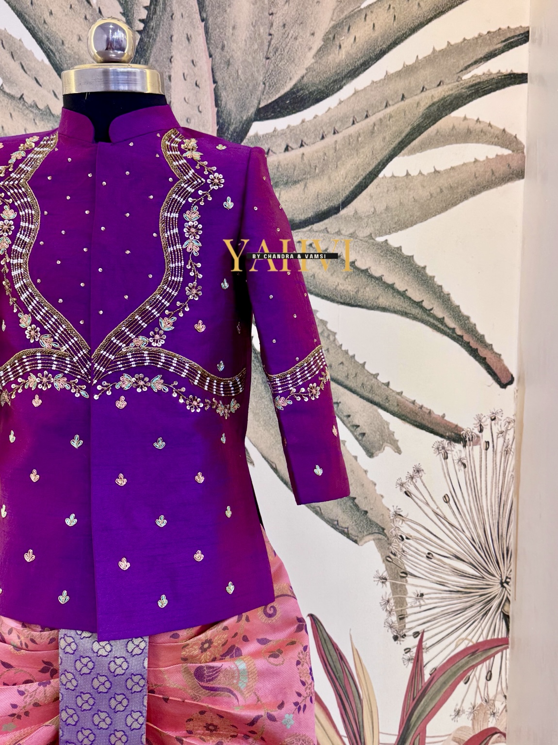 Royal Orchid Hand-Embroidered Sherwani with Peacock Weaving Dhoti Set - Image 7