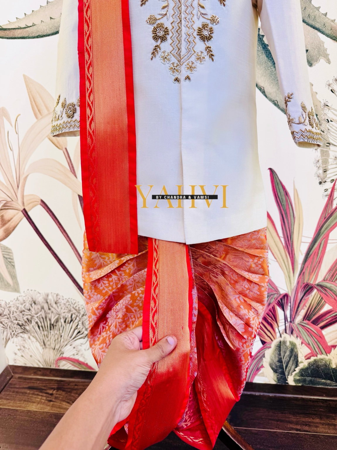 Ivory Hand Embroidered Sherwani with Paithani Dhoti & Zari Kanduva - Image 3