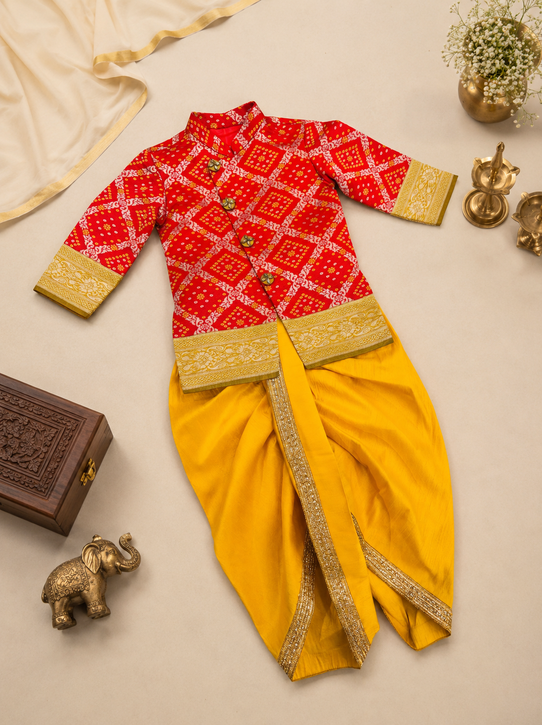 Royal Red - Yellow Bandhini Sherwani & Dothi Set - Image 2