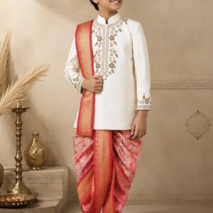 Ivory Hand Embroidered Sherwani with Paithani Dhoti & Zari Kanduva